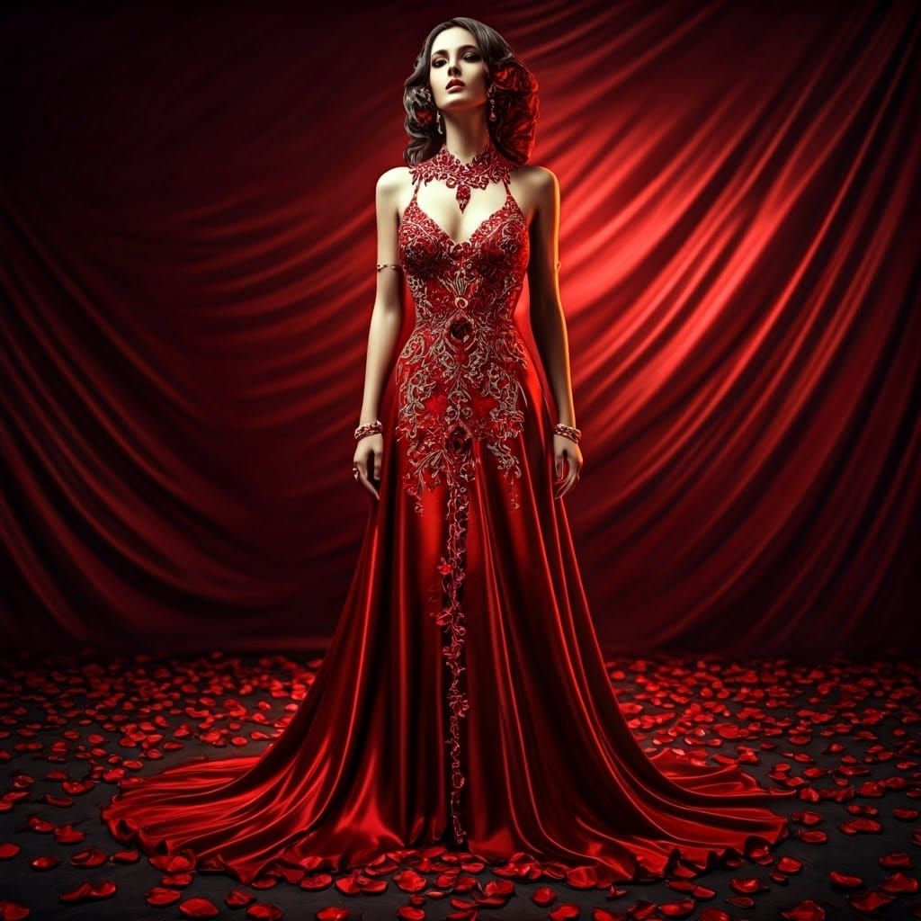 a captivating scene with deep scarlet and ruby hues. The central figure wears flowing red satin with intricate floral em...
