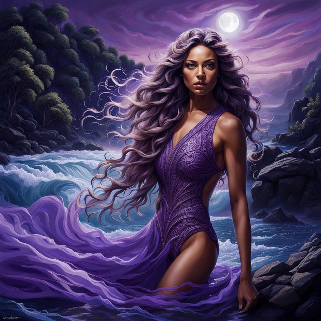 Beautiful Woman Swimming In Purple Bathing Suit