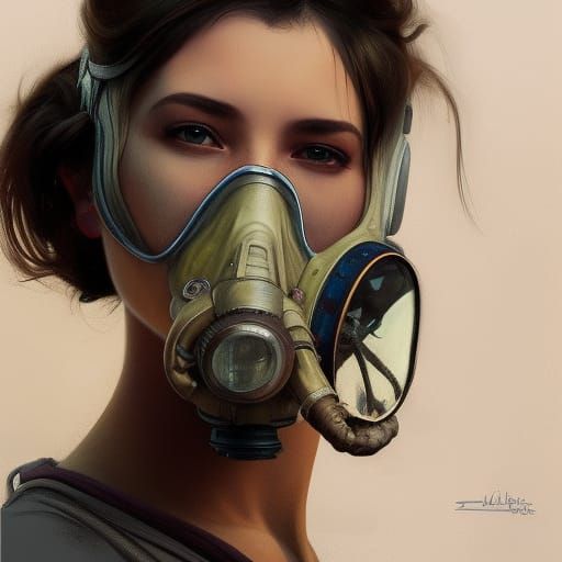 Woman in Gas Mask Portrait, Detailed Concept Art