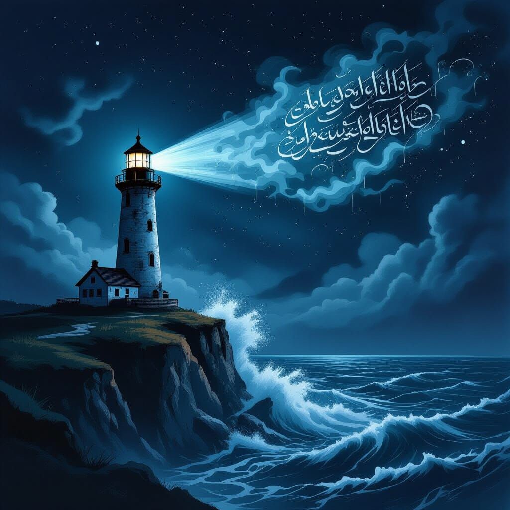 Surreal Lighthouse Beam of Ink Calligraphy