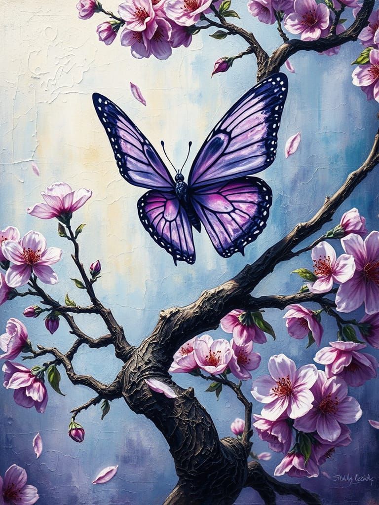 Surreal Violet Butterfly over Cherry Tree in Impasto