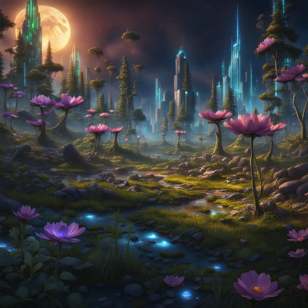 Surreal Midwest Landscape: Forest, City, Cosmos