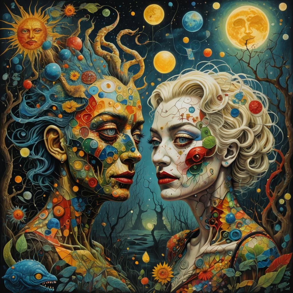 Surreal Patchwork Monster in a Colorful Swamp