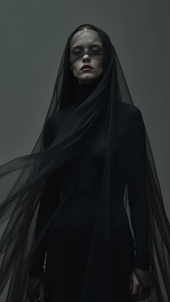 Surreal Figure in Black Veil: Hyperrealistic Masterpiece