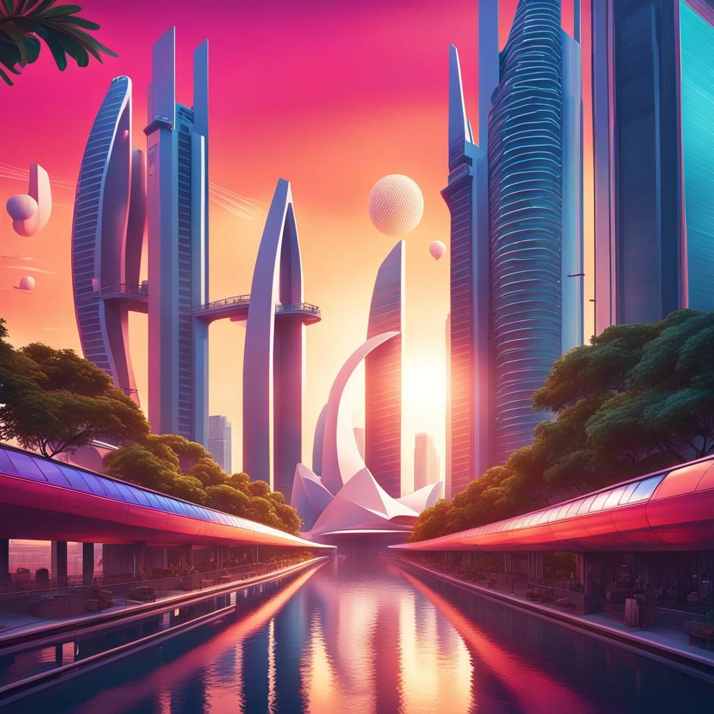 Singapore Landmarks in a Constructivist Art Style