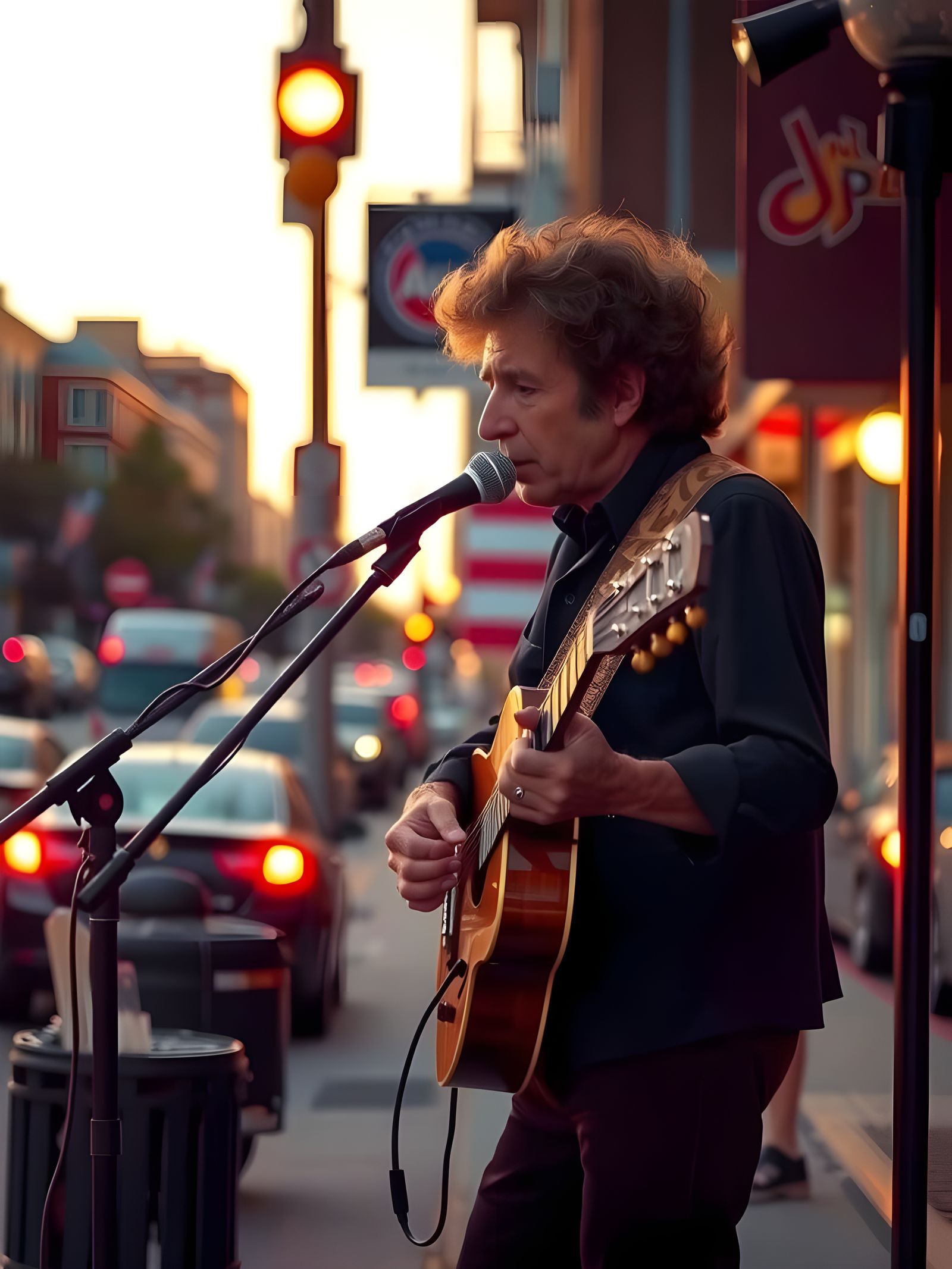 Legendary Musician Performs on City Street at Sunset