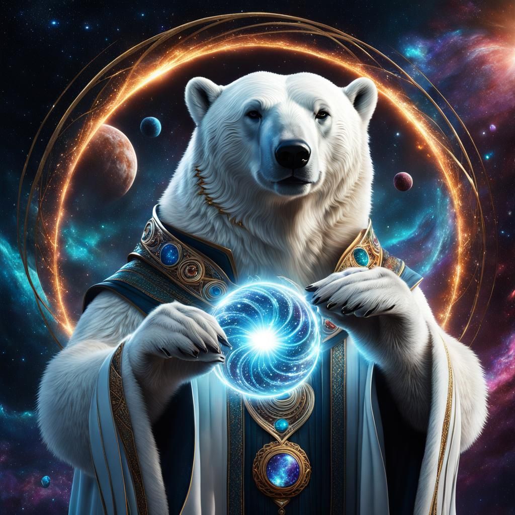 Cosmic Polar Bear Sorcerer with Spiraling Universe