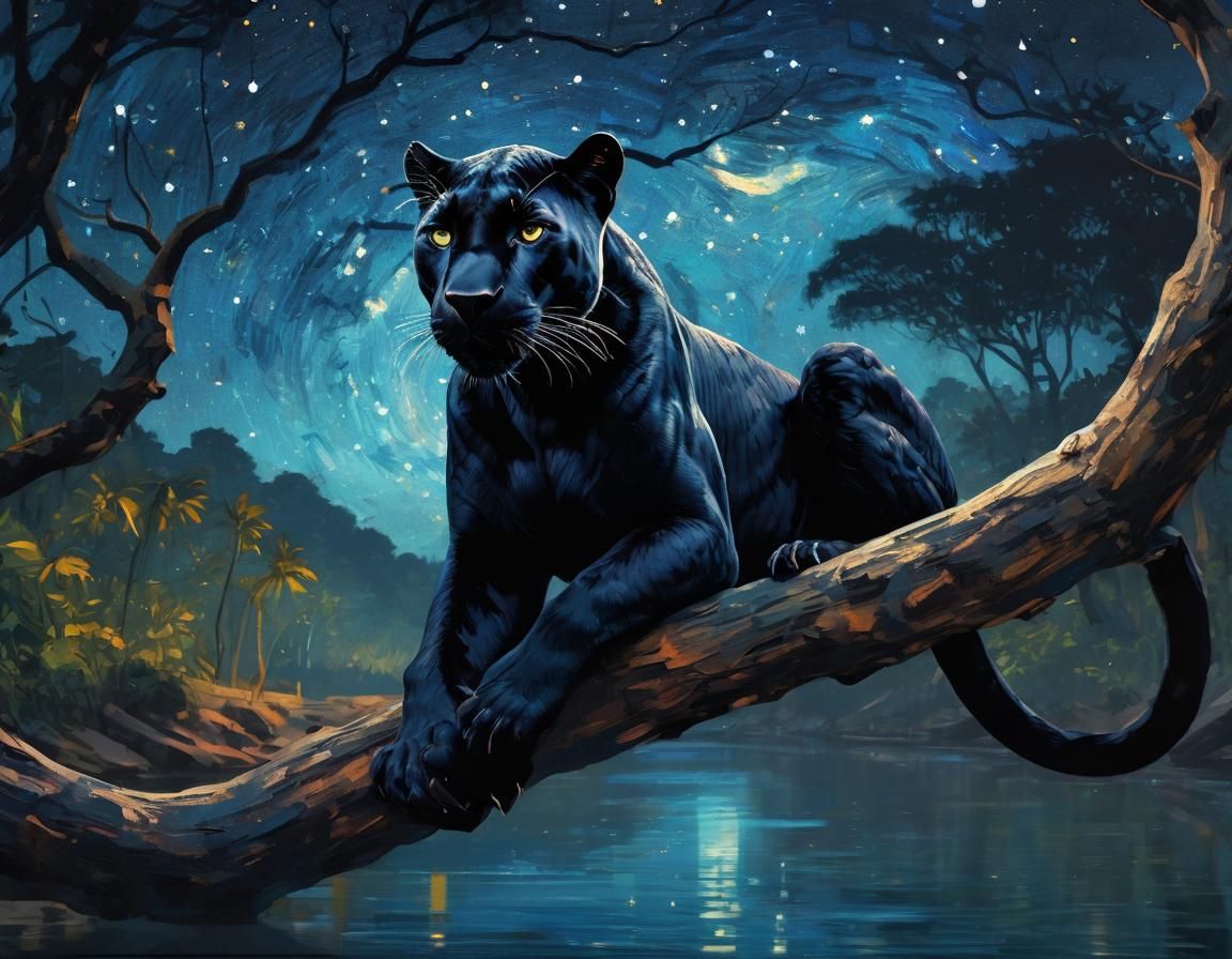 Black Panther in Jungle at Night as Fantasy Illustration