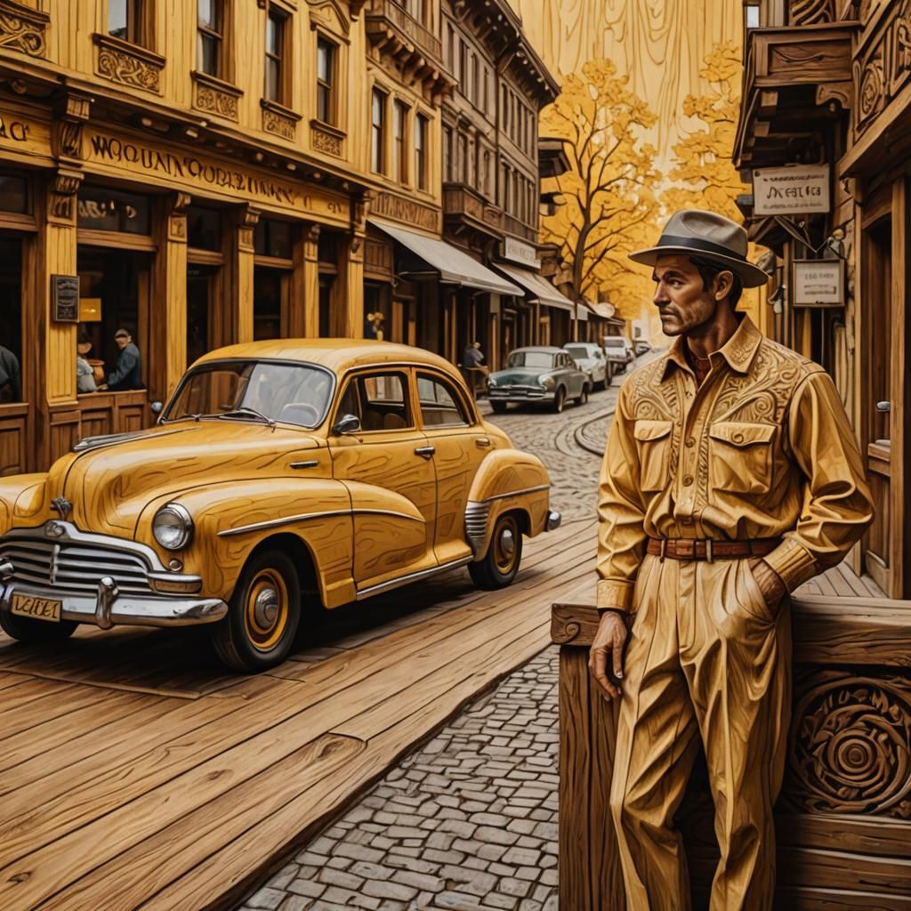 Vintage Street Scene: Detailed Wood Carving Relief