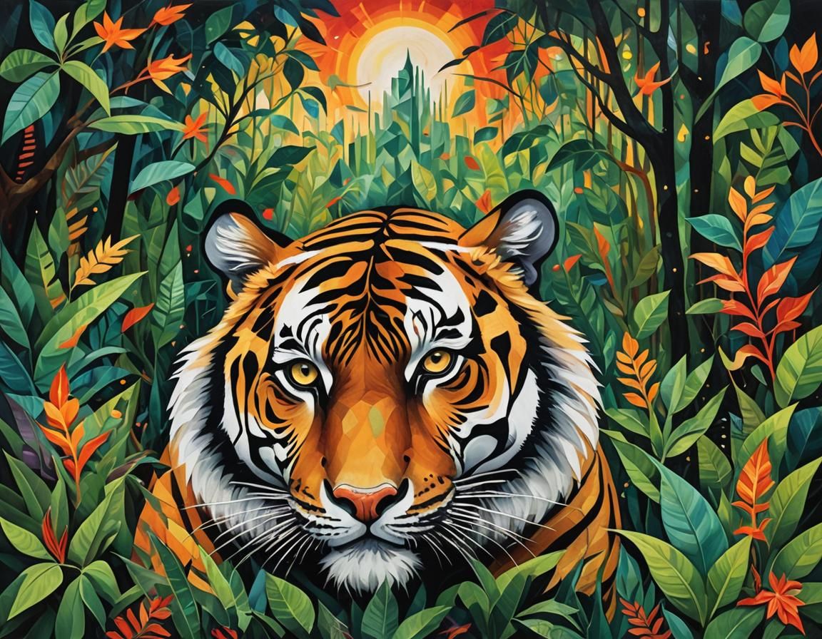 Surreal Tiger in Cosmic Jungle
