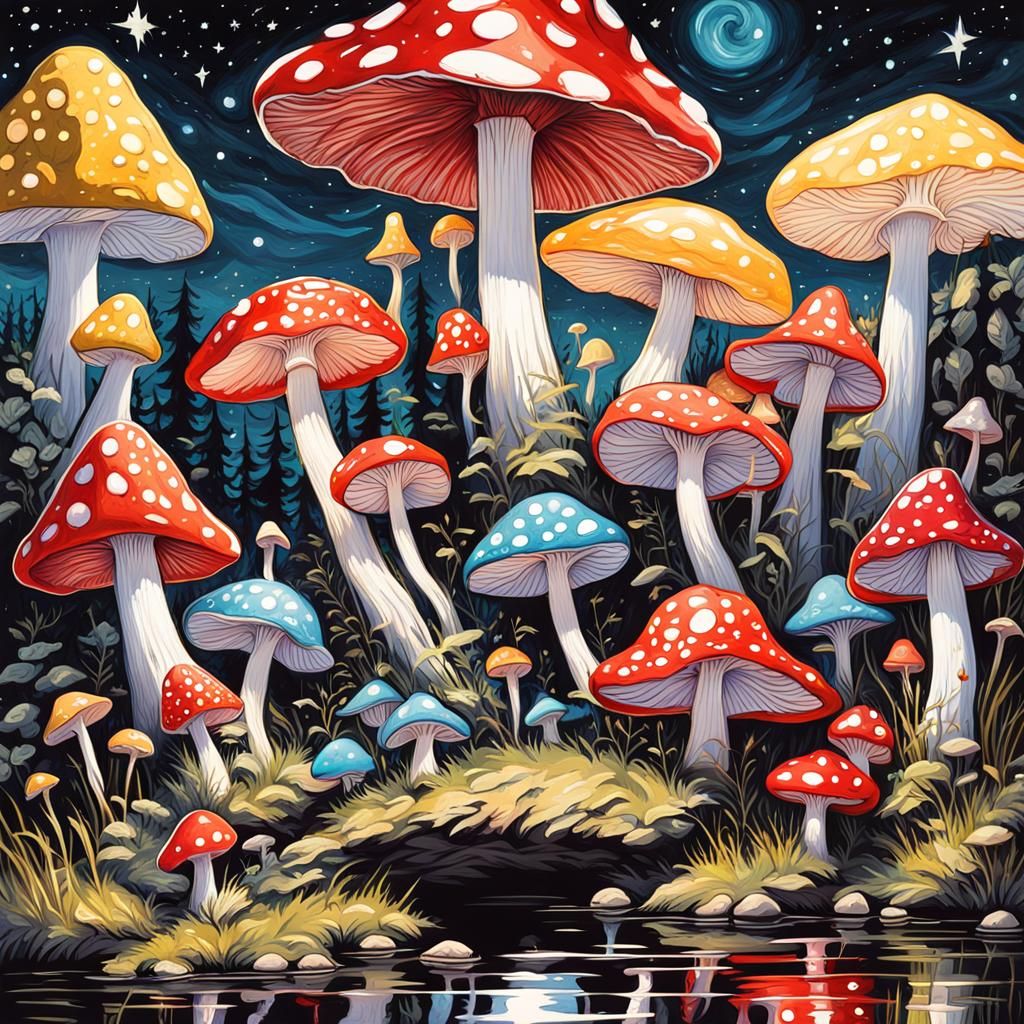 Gothic Horror: Giant Glowing Mushrooms Under Starry Sky