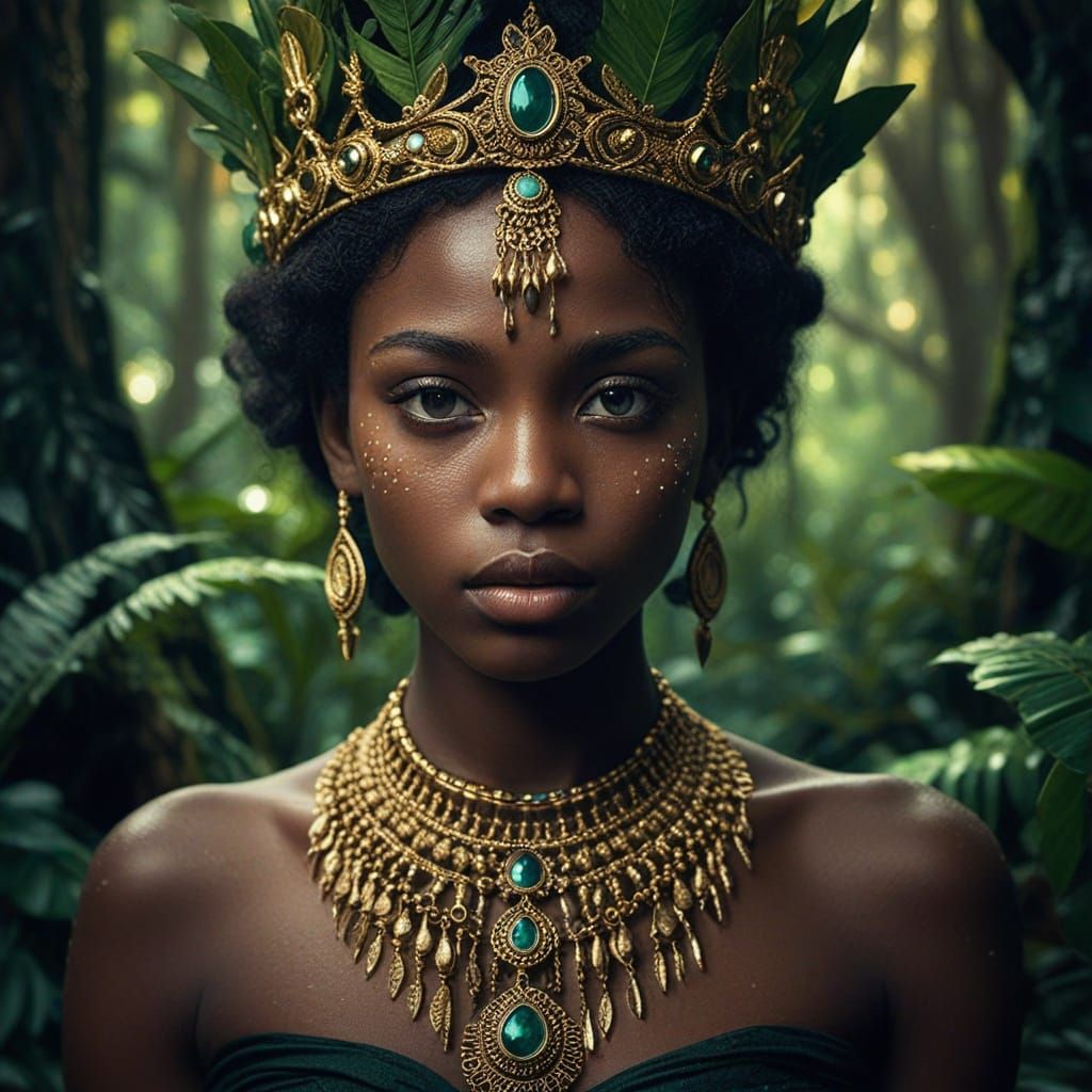 Majestic African Fantasy Portrait with Vibrant Emerald Eyes