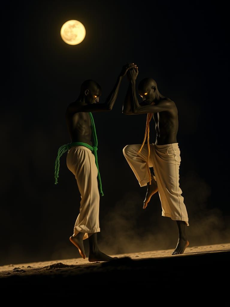 Ethereal Shadows Playing Capoeira on Beach
