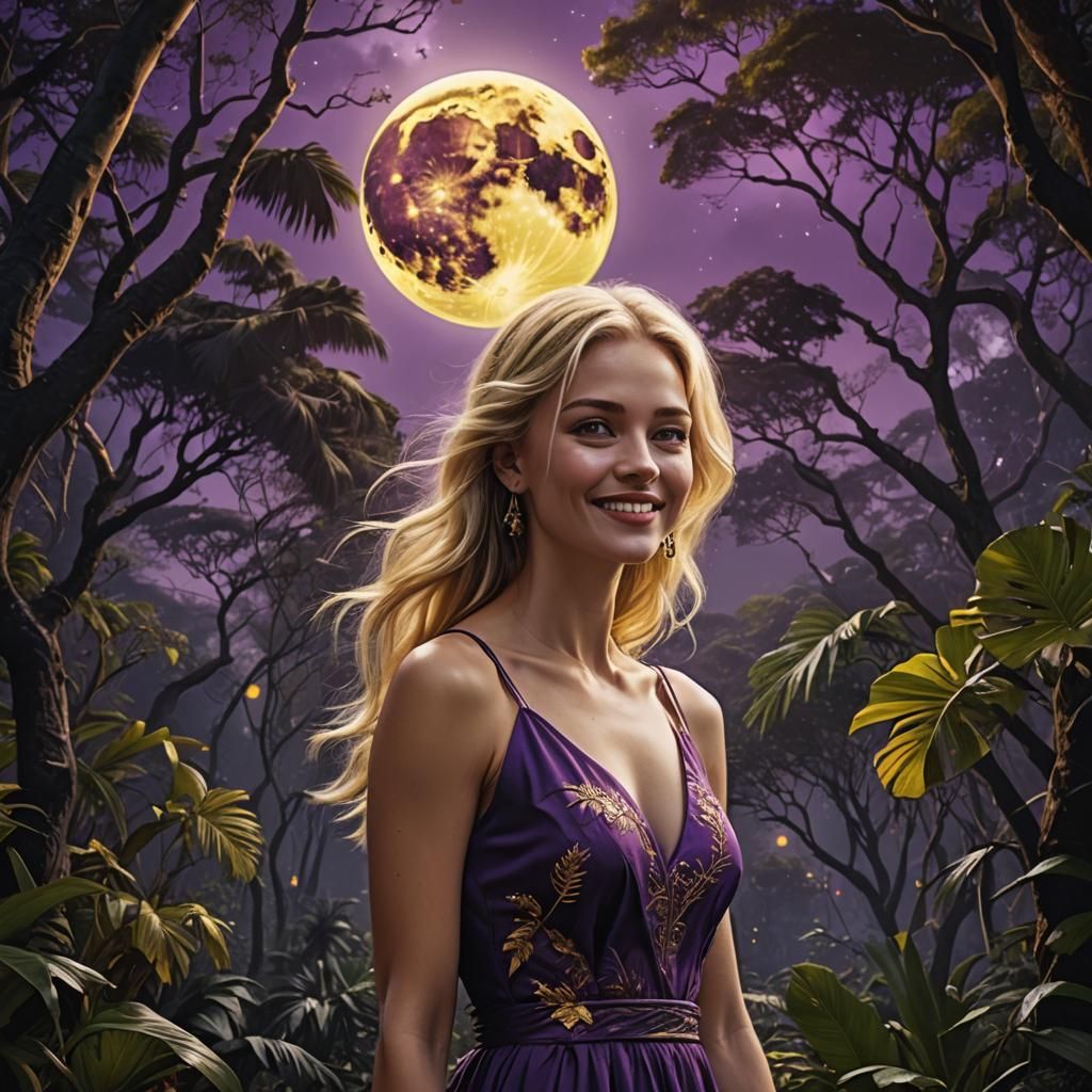 Blond Girl in Jungle with Moon: Digital Painting