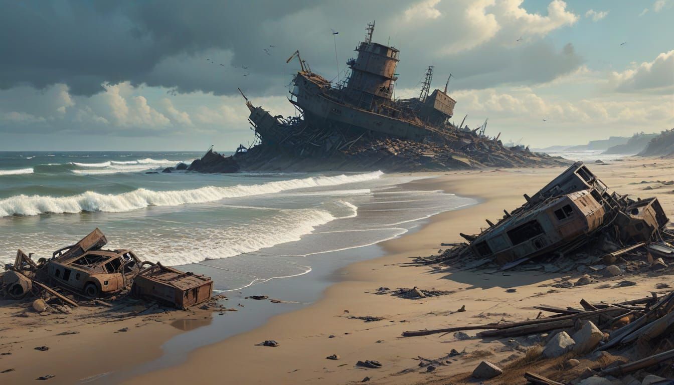 Post-Apocalyptic Beachscape in Cyberpunk Dreamlike Style