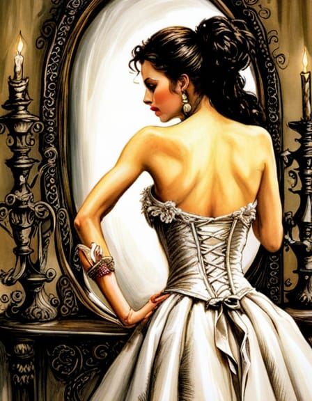 Gothic Woman Steps Through Mirror, Hyperdetailed Gouache