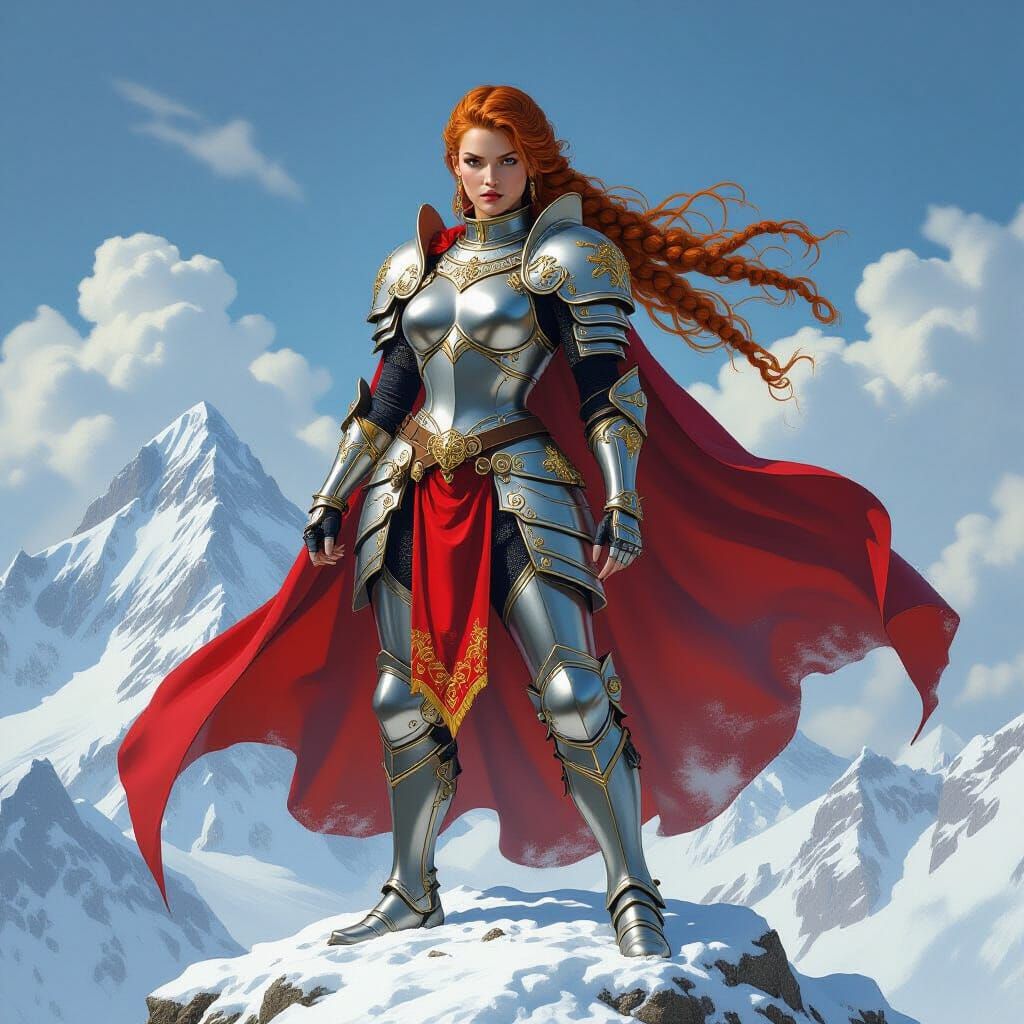 Epic Female Knight on Snow Mountain in Fantasy Art