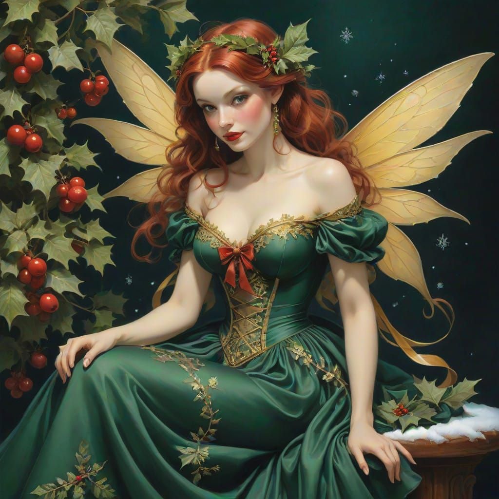 Sultry Holly and Ivy Fairy amidst Vintage Christmas Opulence