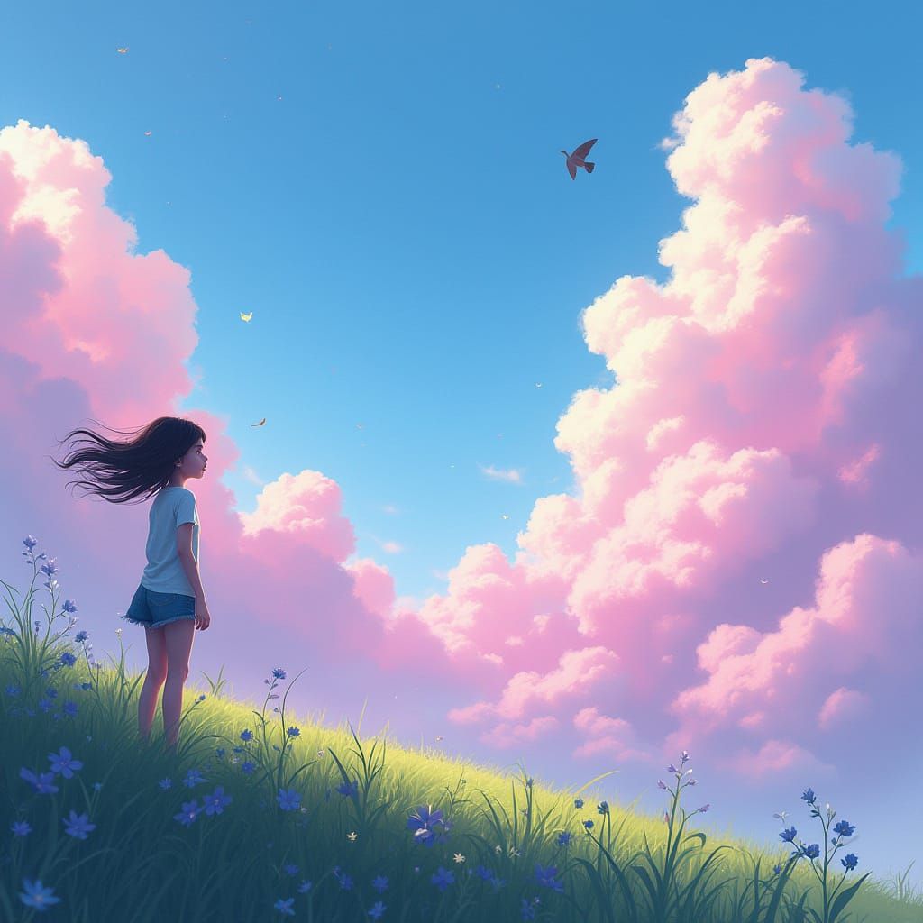 Dreamlike Sky with Cotton Candy Clouds and Girl