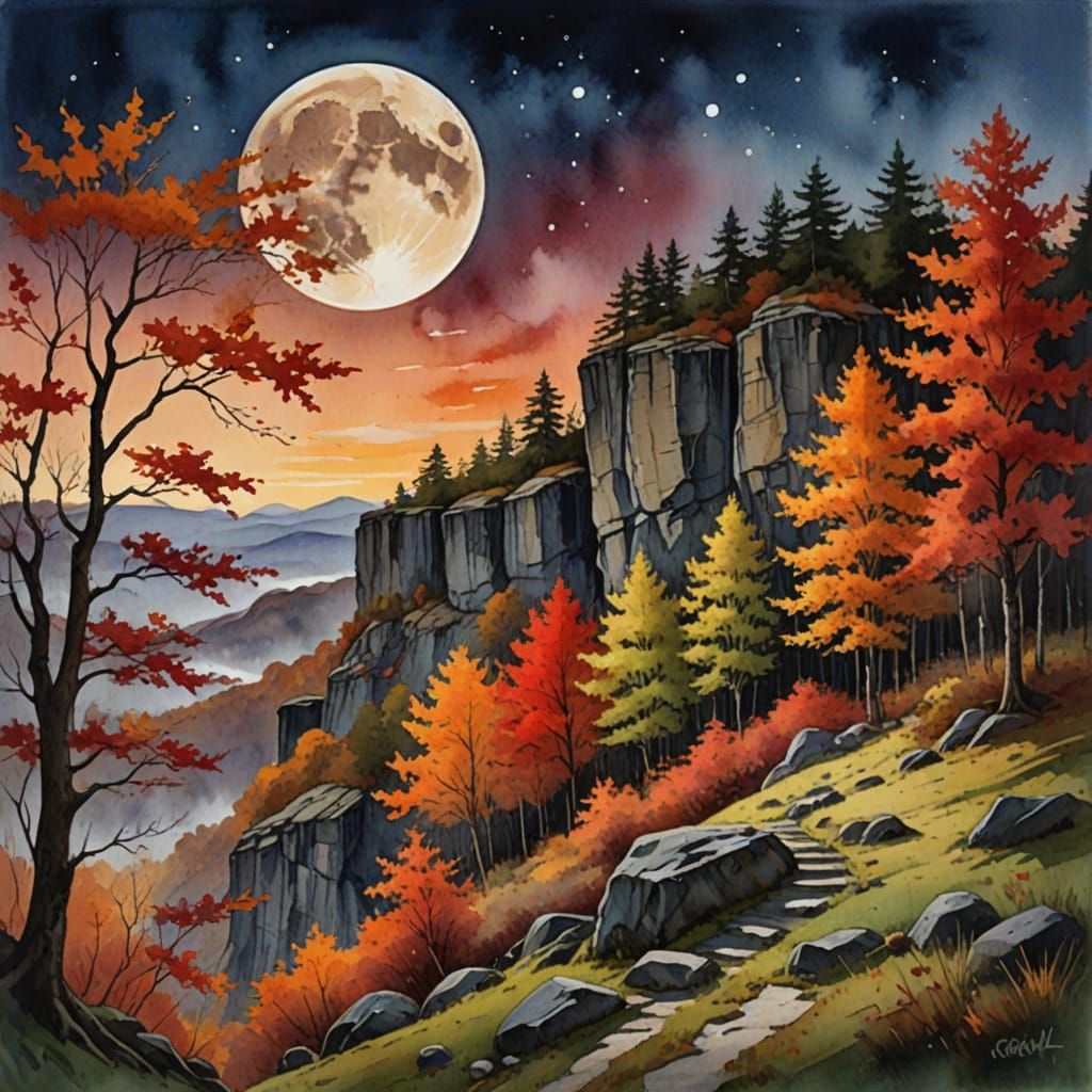 Autumn Cliff at Sunset with Full Moon in Watercolor Style