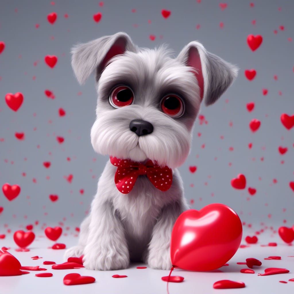 Cute Schnauzer Puppy with Red Hearts, Pixar Style