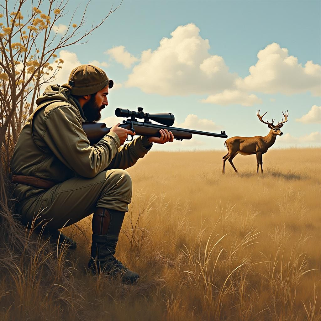 Hunter Aiming Rifle at Deer in Wildlife Art Style