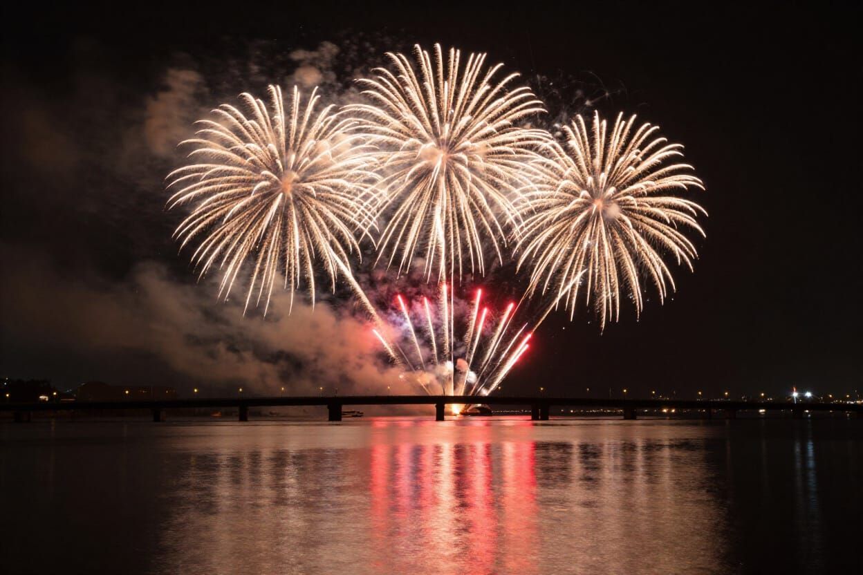 Vibrant Fireworks Reflect Over Charged Bridge, James Turrell...