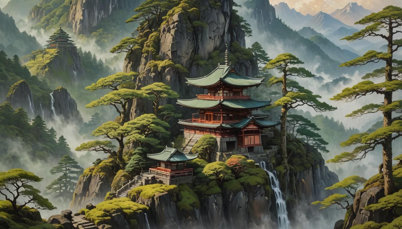 Serene Japanese Temple on Misty Mountain in Oil