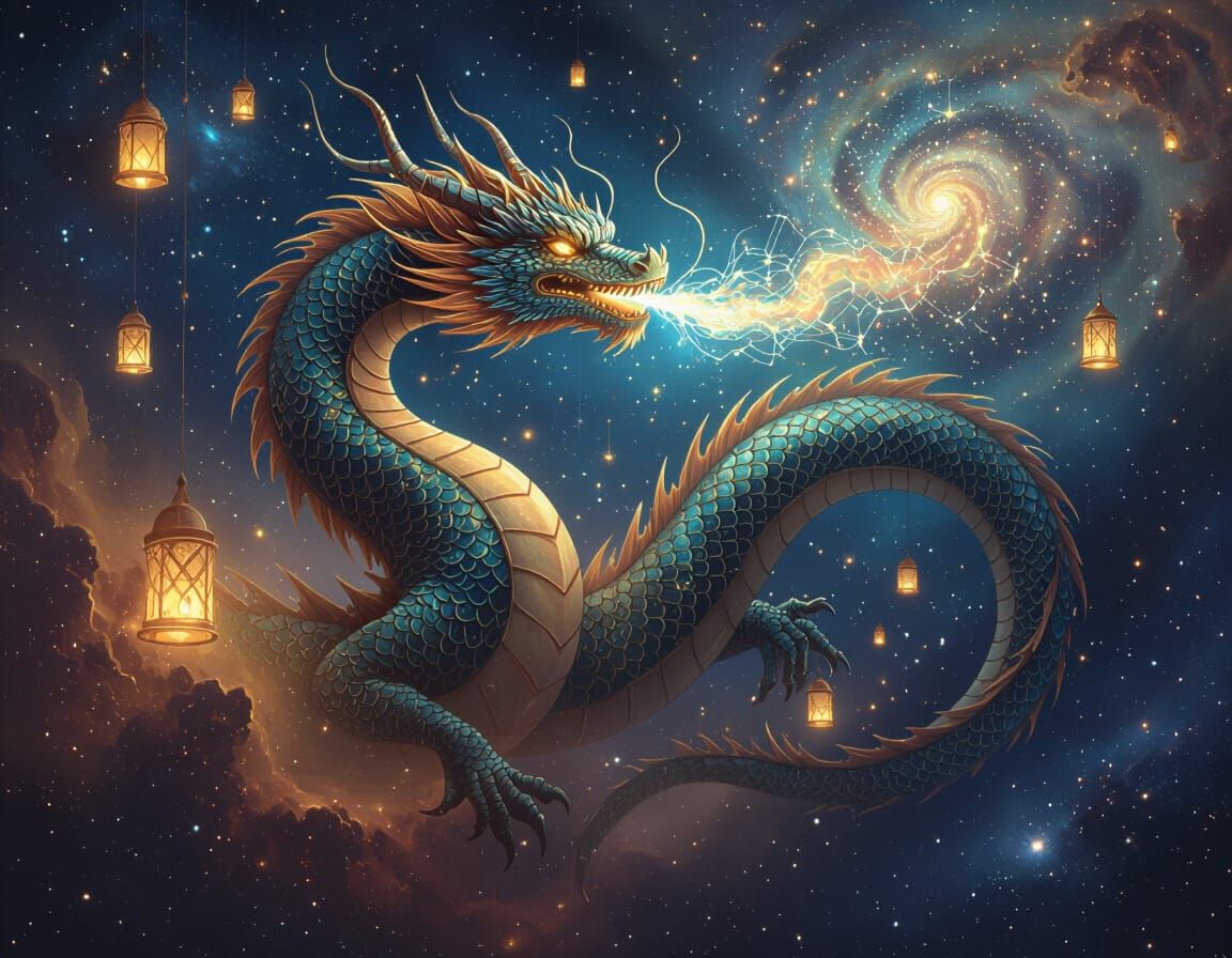 Celestial Dragon Coiled Around a Nebula