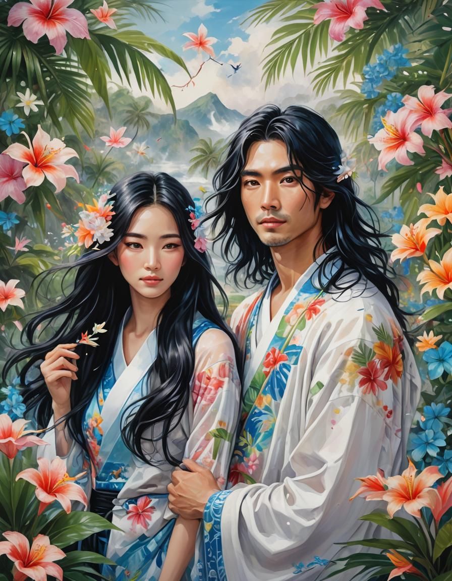 Romantic Japanese Couple in Oil Painting Style