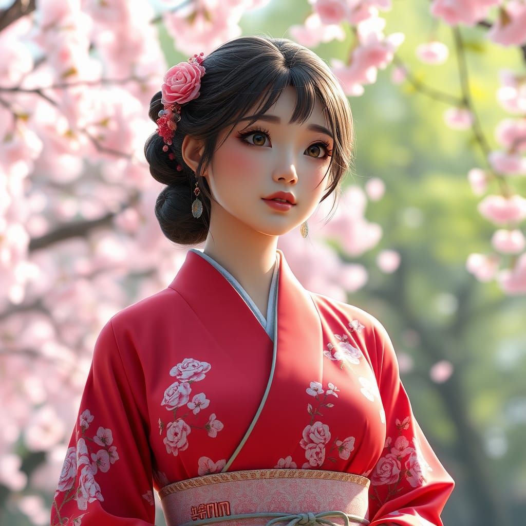 Cherry Blossom Kimono in 3D Anime Style
