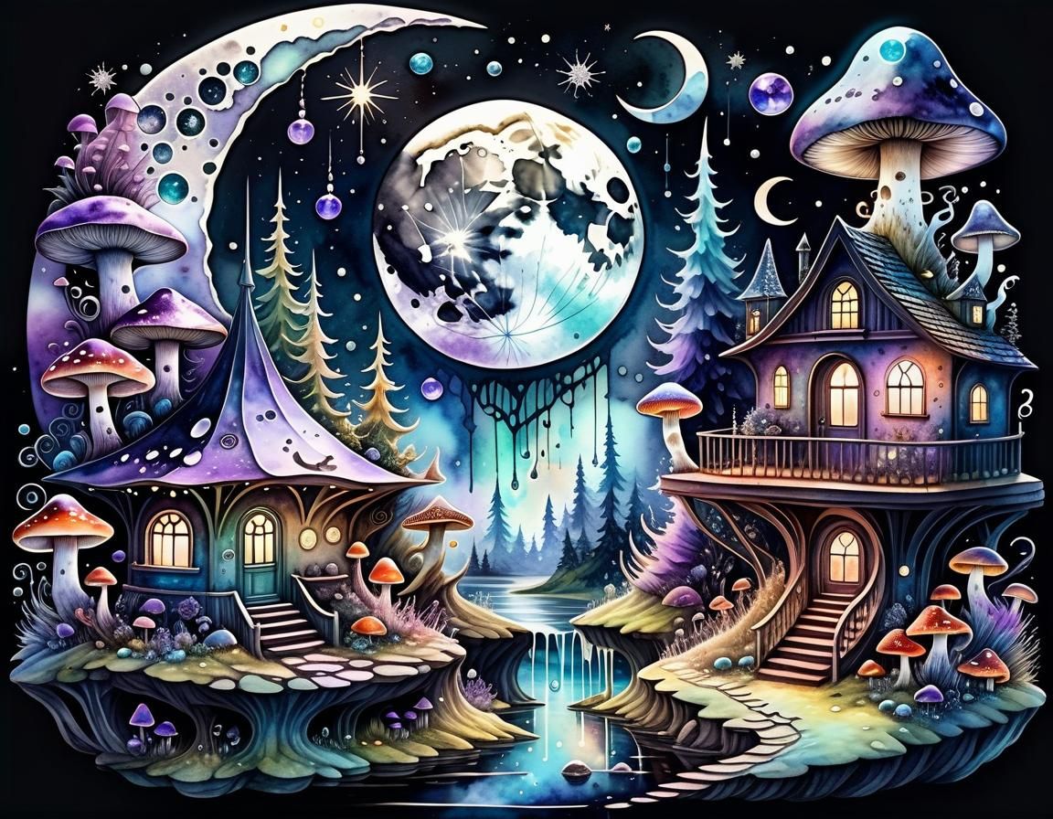 Cozy Pagan Home with Crystal Clusters as Watercolour