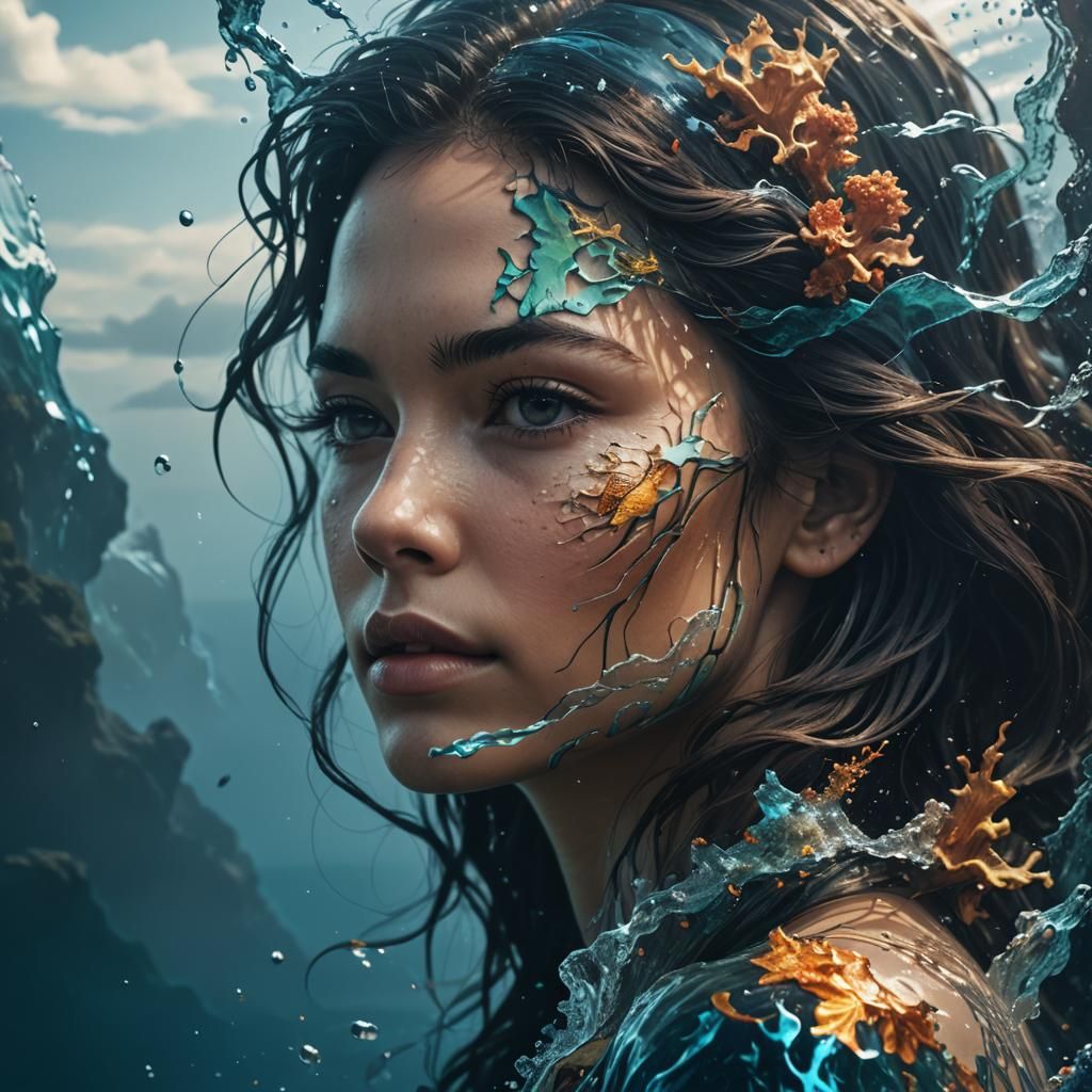 Ocean Double Exposure Portrait in Detailed Matte Style