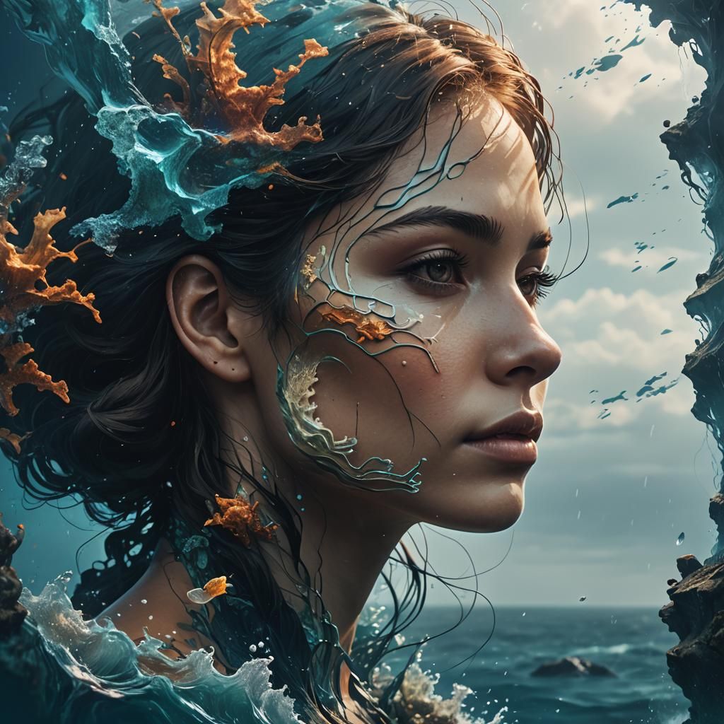Ocean Double Exposure Portrait in Detailed Matte Style