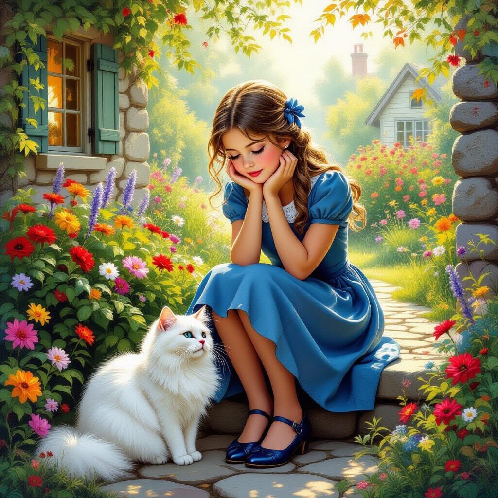 Cute Girl with Cat in Lush Garden