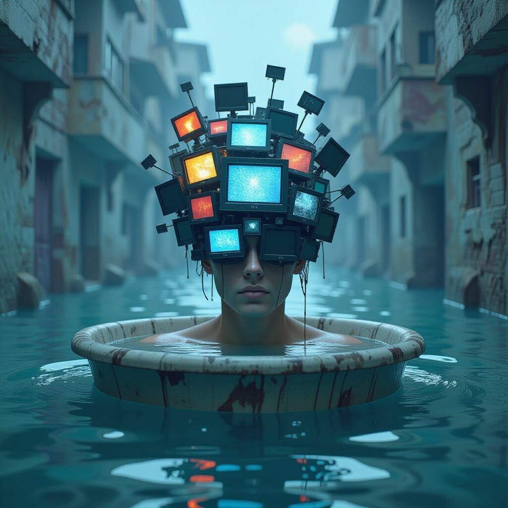 Apocalyptic Head Submerged in Social Feed Ocean