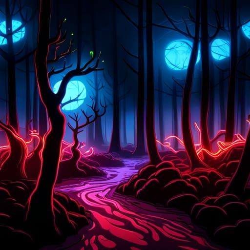 Colorful Woodcut Japanese Forest with Zombie