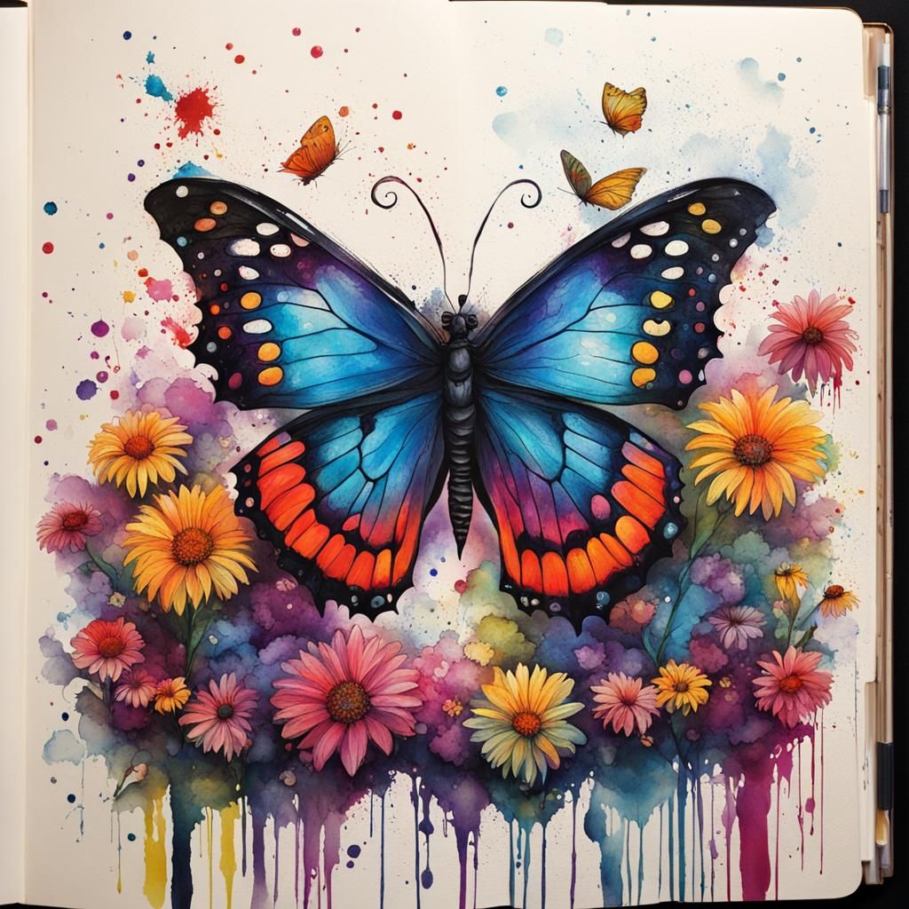 Elegant Butterfly Painting with Flowers and Ink Splatters
