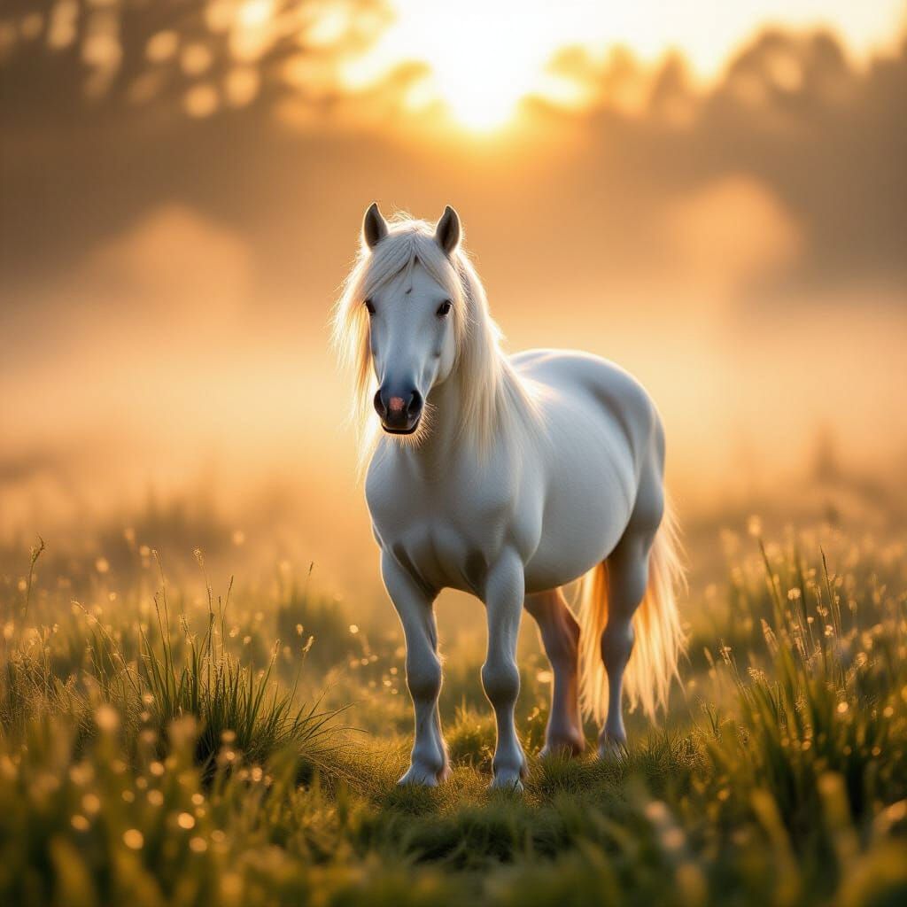 Ethereal White Pony in Misty Sunrise Meadow