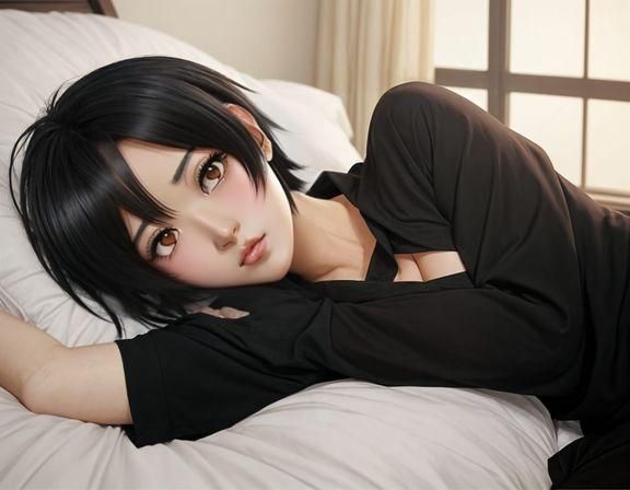 Anime Girl Lying on Bed with Dizzy Expression
