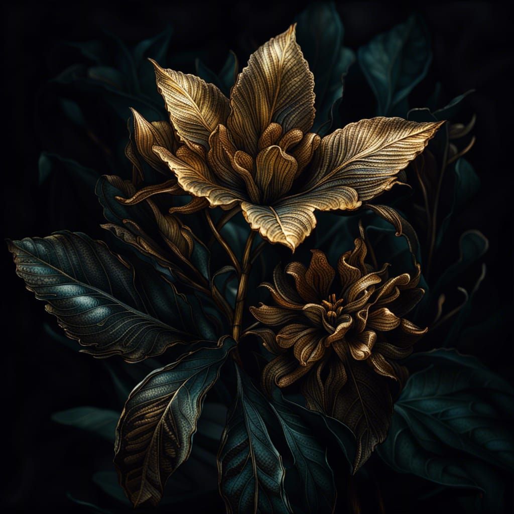 Gilded Botanical Illustration with Ornate Filigree