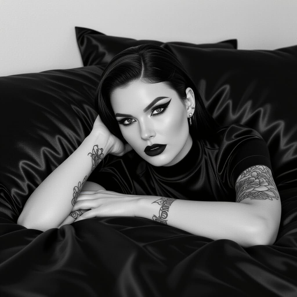 Dramatic Portrait of Woman in Low-Key Black Satin