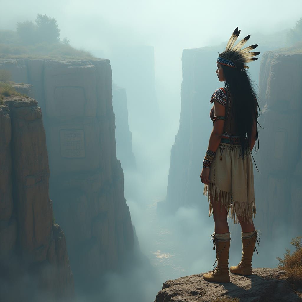 Native Woman Overlooks Misty Canyon in Epic Fantasy Art