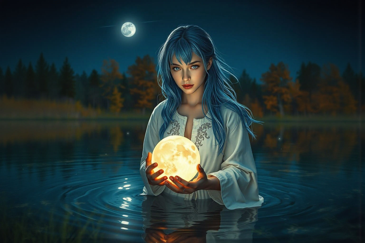 Ondine with Moon Sphere in Autumn Forest