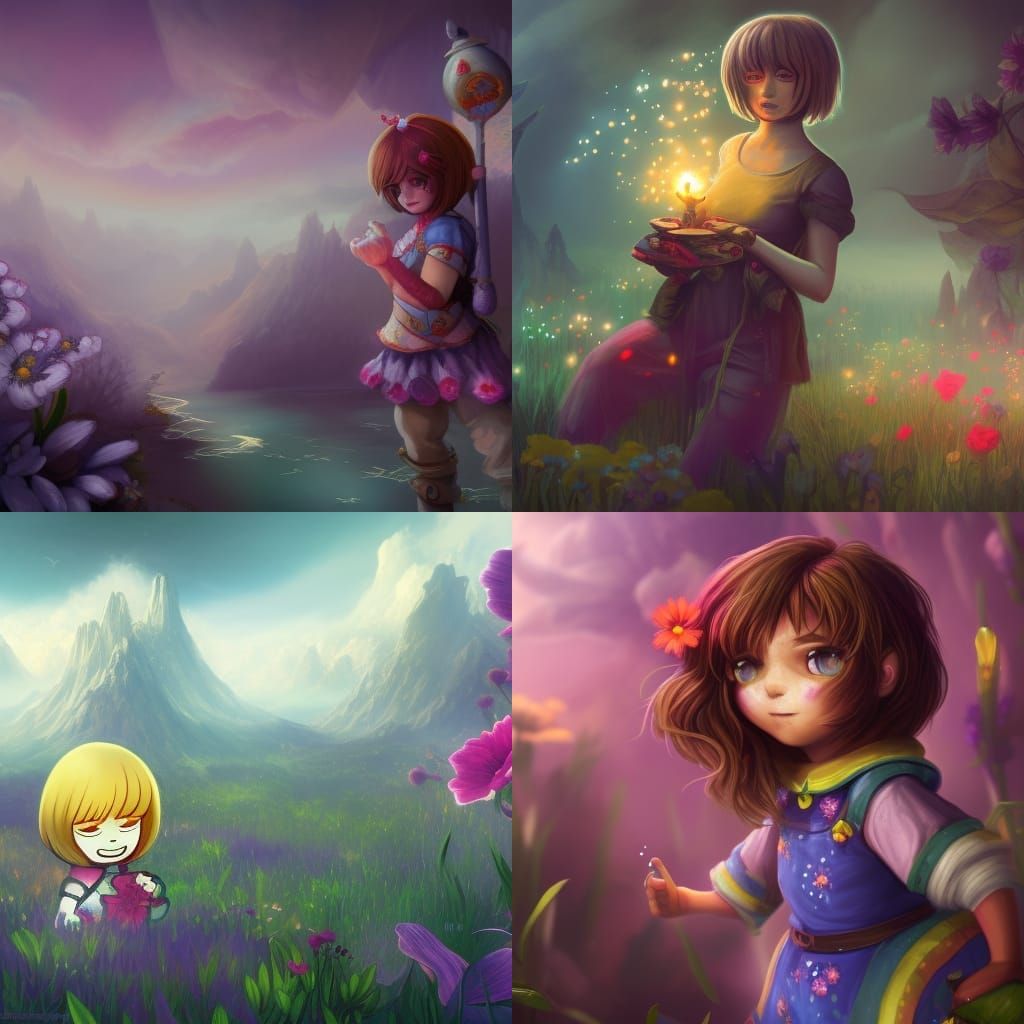 Frisk from Undertale with Flower, Detailed Matte Painting