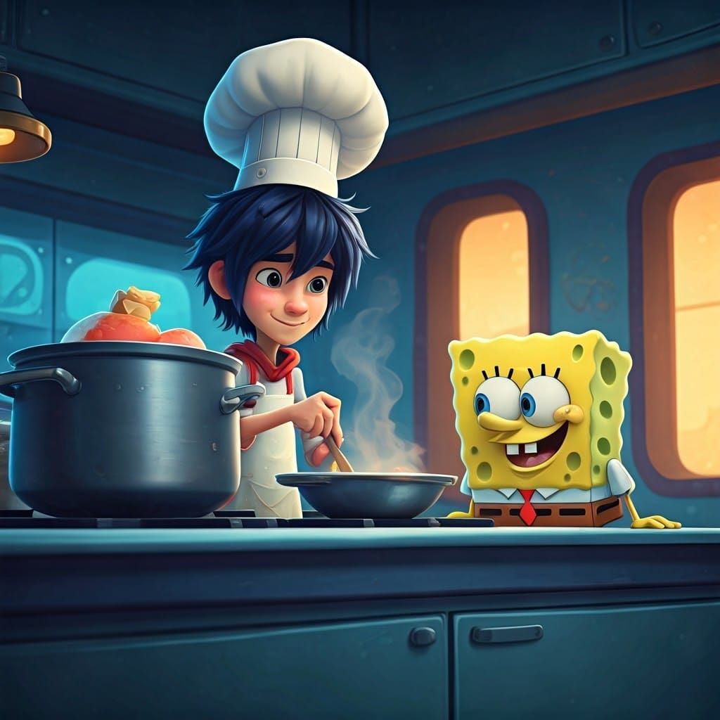 Hiro Cooks Soup for SpongeBob in 3D Cartoon Style