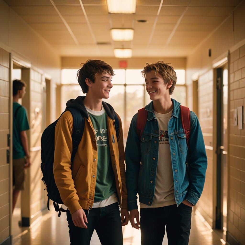 Teenage Boys Meeting in School Hallway: Concept Art