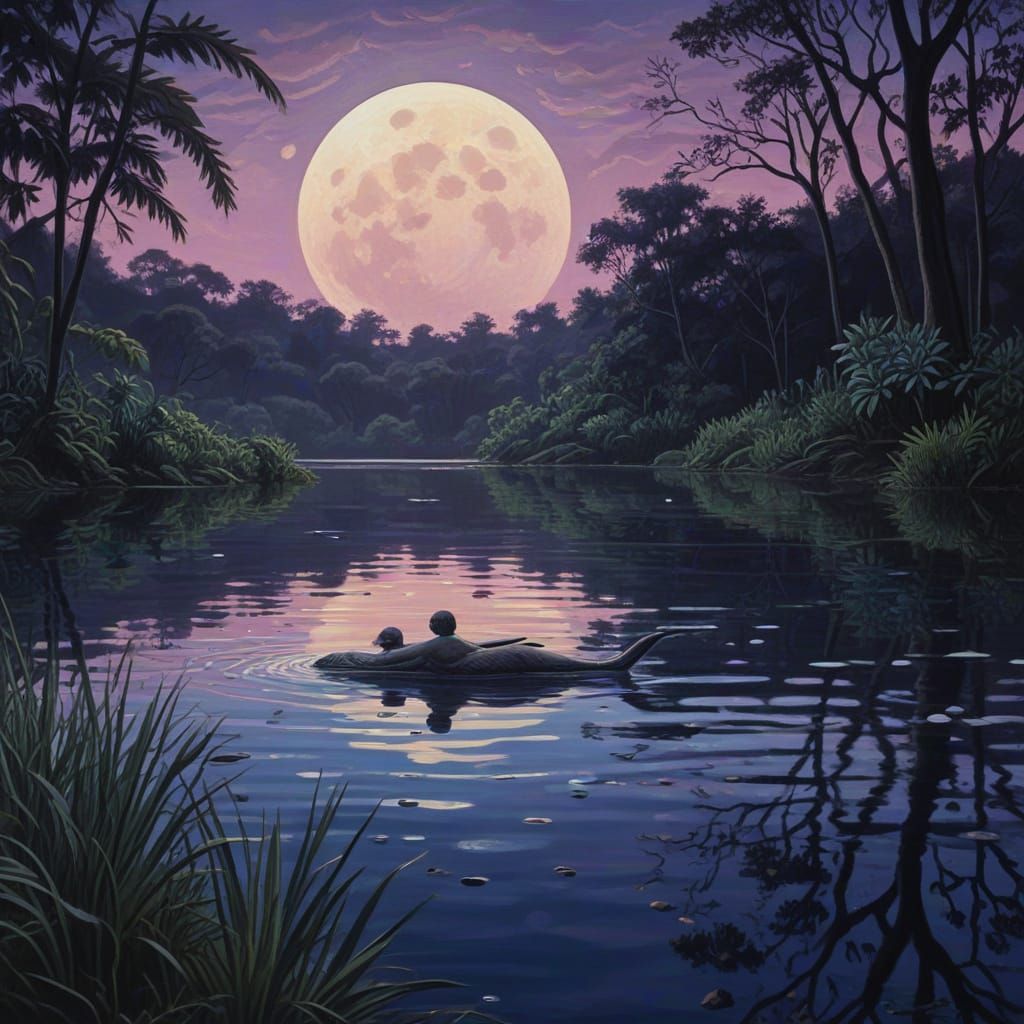 Surreal Congo Lake Scene Under Iridescent Moonlight