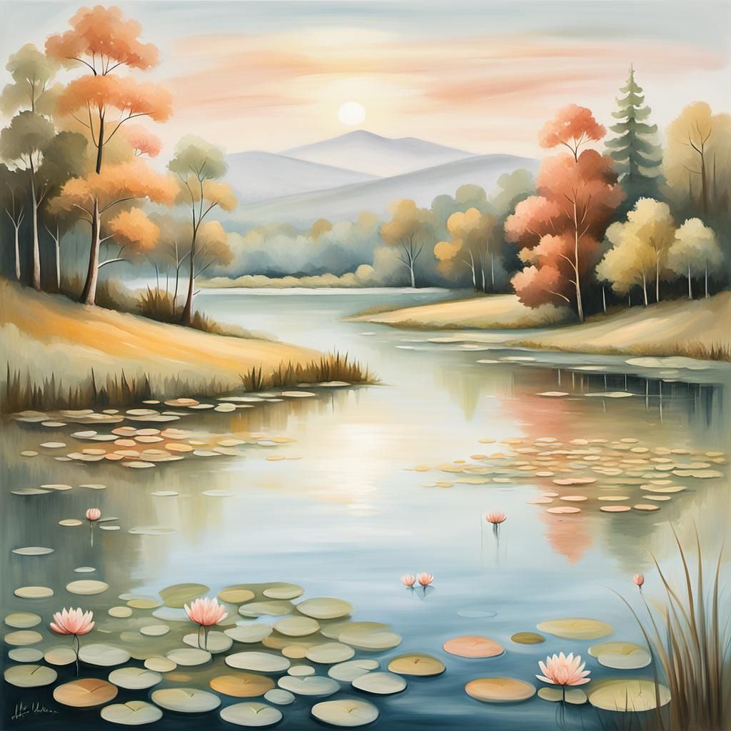 Impressionist Painting of Serene Countryside Lake