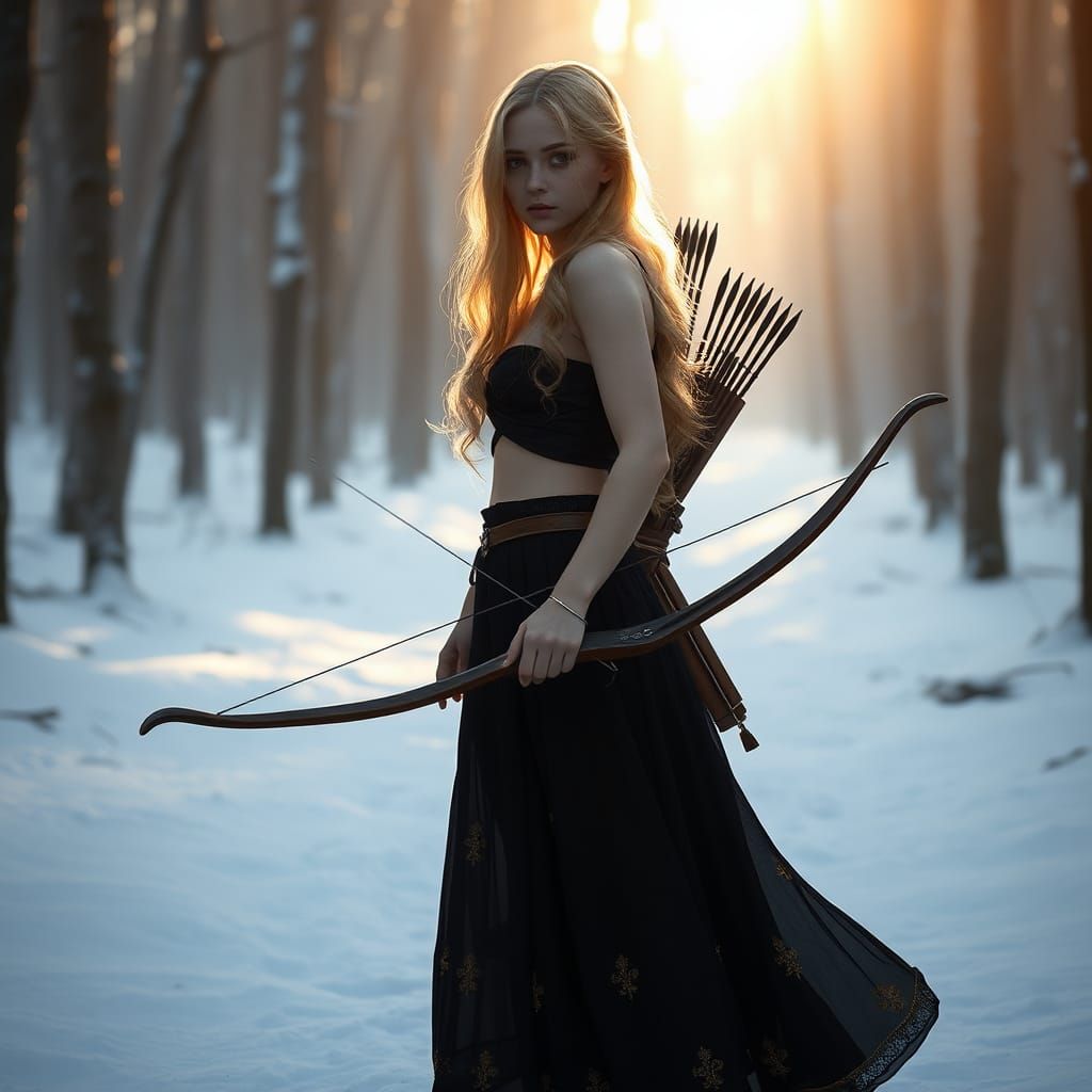 Girl with Bow in Snowy Forest, Matte Painting